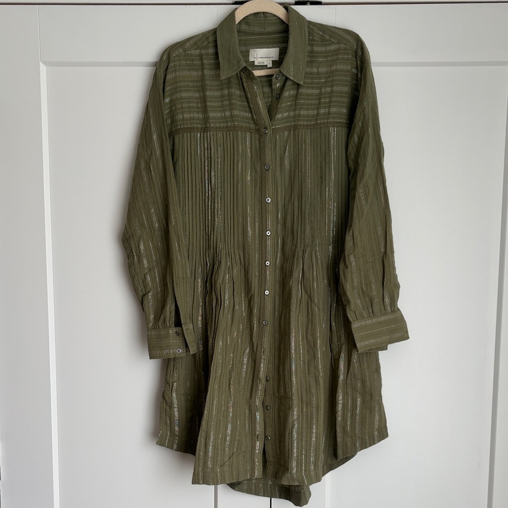 Anthropologie Sage Green Striped Shirt Button Down Dress Tunic